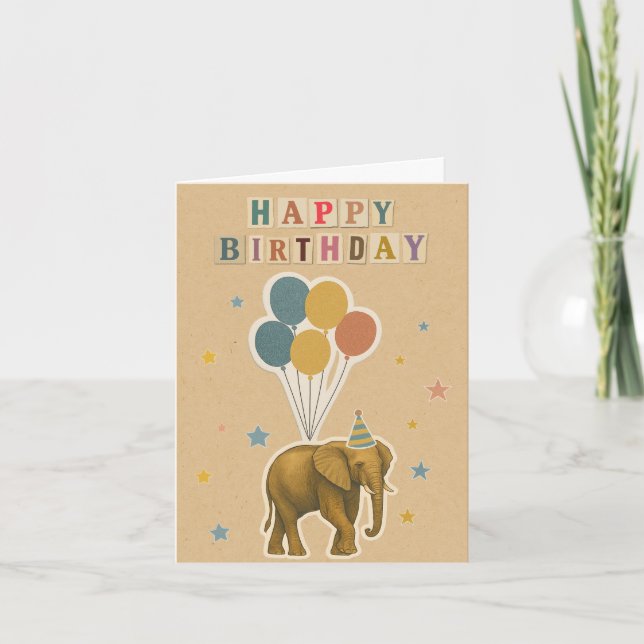 Tarjeta de cumpleaños para elefantes con globos (Anverso)