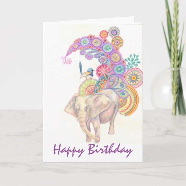 tarjeta de cumpleaños para elefantes y aves (Anverso)