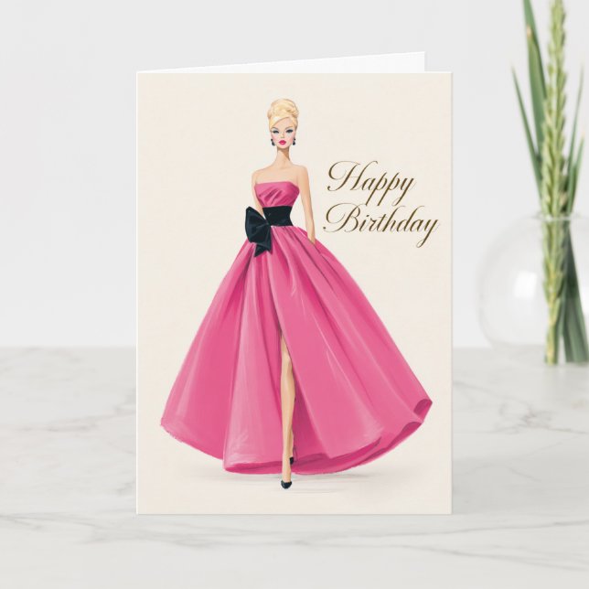 Tarjeta de cumpleaños para ella con vestido rosa g (Anverso)