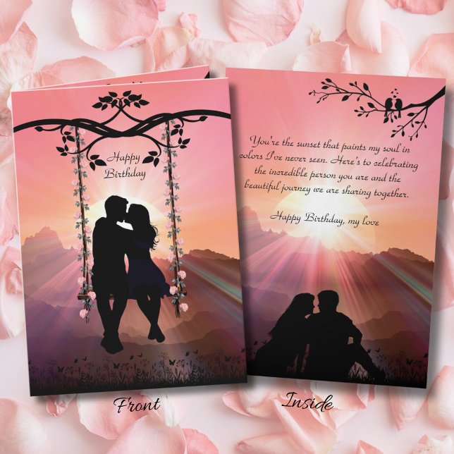 Tarjeta de cumpleaños para esposo Silueta romántic (Celebrate your soulmate with this romantic sunset silhouette birthday card.)