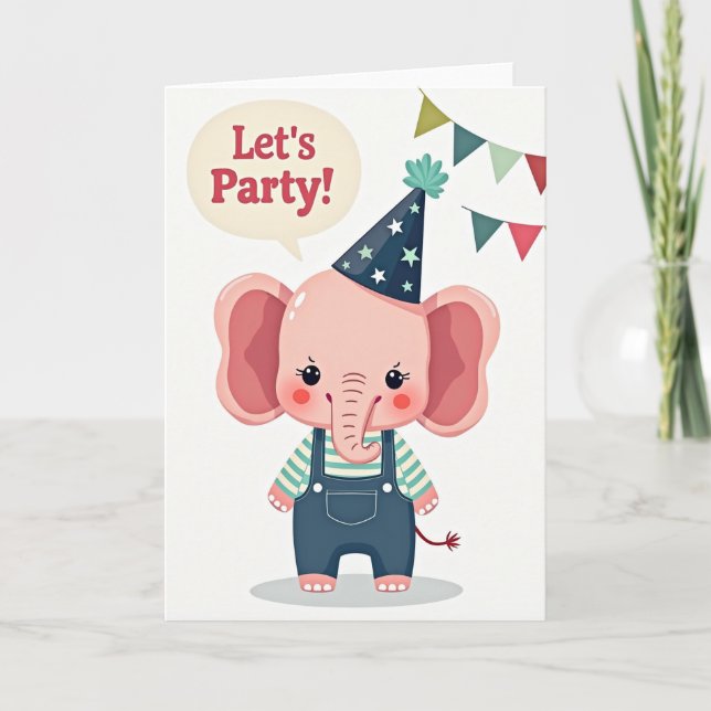 Tarjeta de cumpleaños para fiesta con elefante ros (Anverso)