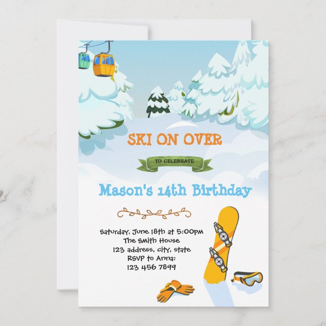 Tarjeta de cumpleaños para fiesta de snowboard (Anverso)