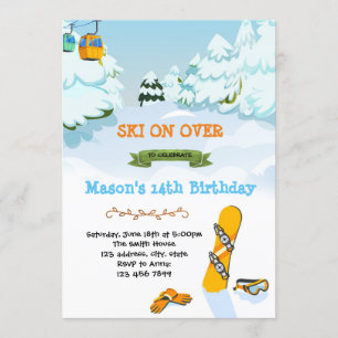 Tarjeta de cumpleaños para fiesta de snowboarding
