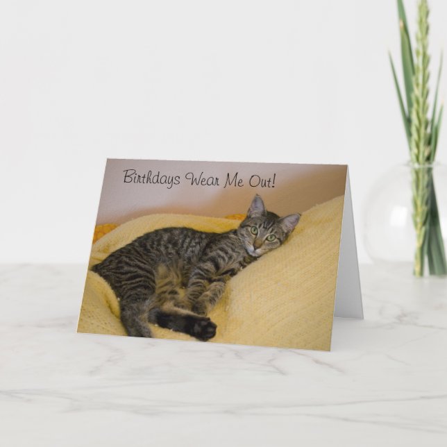 Tarjeta de cumpleaños para gato cansado (Anverso)