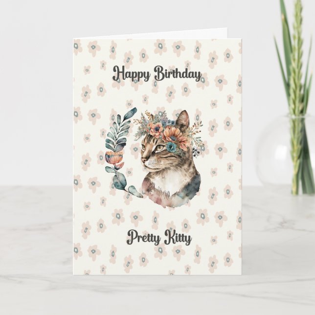 Tarjeta de cumpleaños para gato gatito con flores  (Anverso)