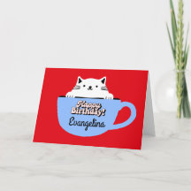 Tarjeta de cumpleaños para gato, gatito en taza pe