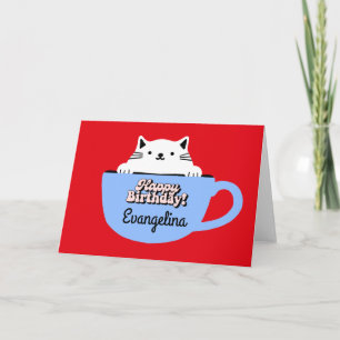 Tarjeta de cumpleaños para gato, gatito en taza pe