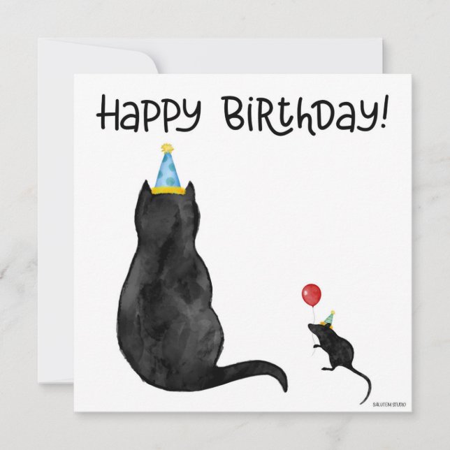 Tarjeta de cumpleaños para gato y ratón pintada a  (Anverso)