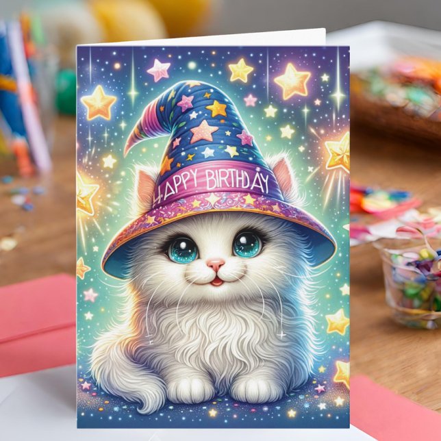 Tarjeta de cumpleaños para gatos mágicos (Birthday card with a cute cat in a wizard hat.)