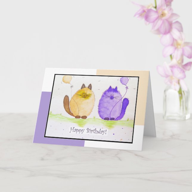 Tarjeta de cumpleaños para gatos y globos (Orquídea)