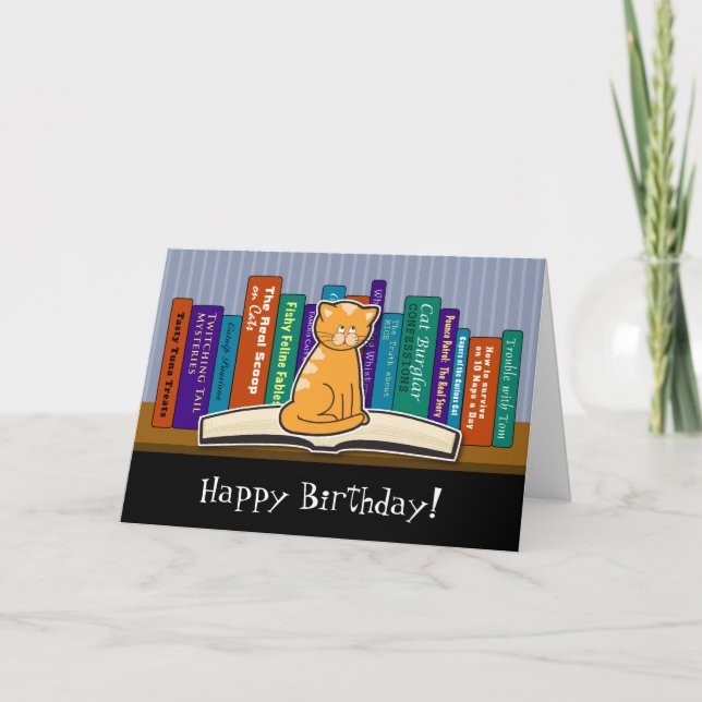 Tarjeta de cumpleaños para gatos y libros (Anverso)
