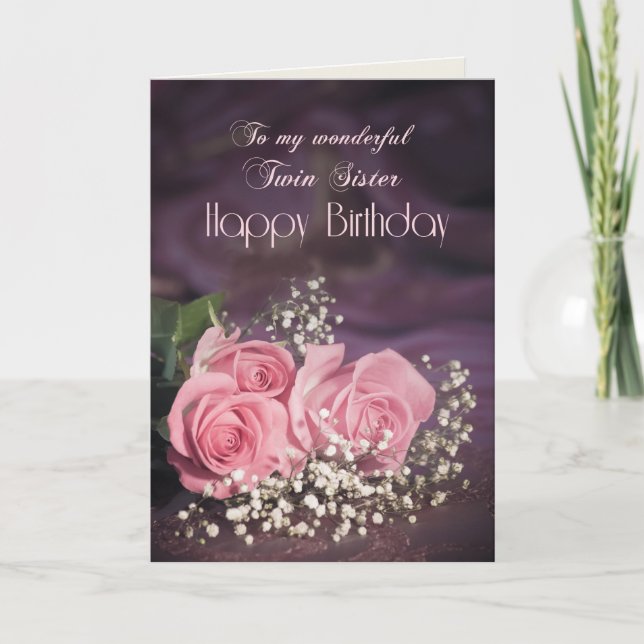 Tarjeta de cumpleaños para hermana gemela con rosa (Anverso)
