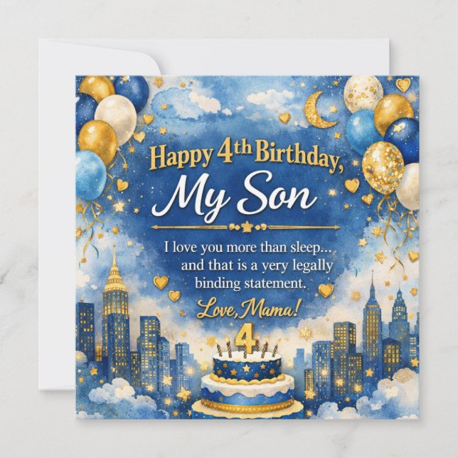 Tarjeta de cumpleaños para hijo de 4 años, pastel, (Anverso)