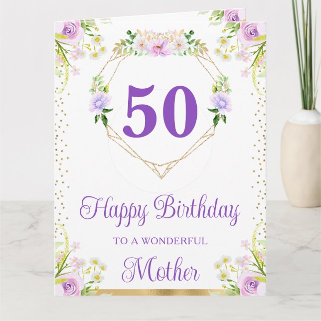 Tarjeta de cumpleaños para la madre con flores púr (Anverso)