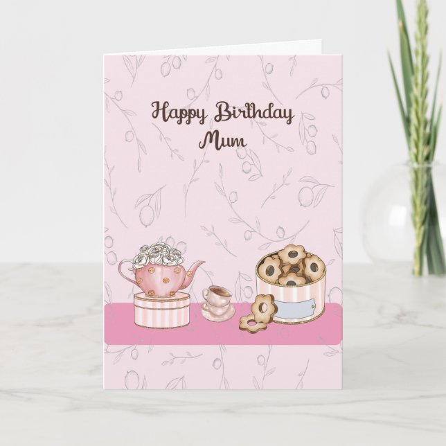 Tarjeta de cumpleaños para la Mamá con té y crumpe (Anverso)