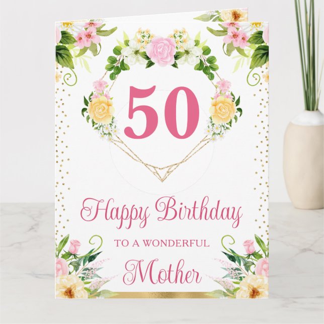 Tarjeta de cumpleaños para madre con flores rosas  (Anverso)