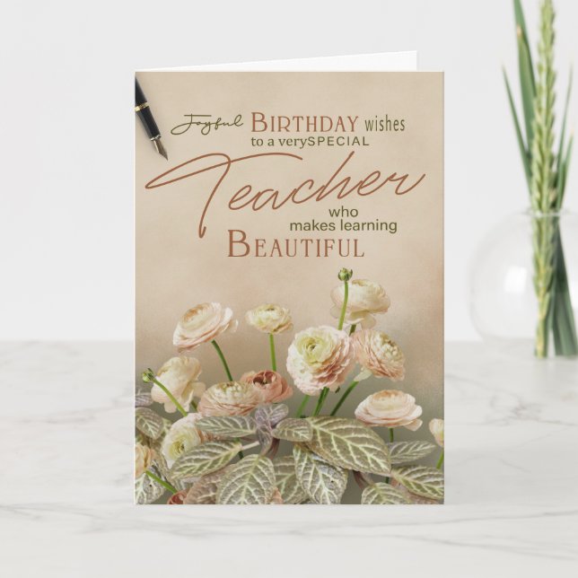 Tarjeta de cumpleaños para maestros con flores pas (Anverso)