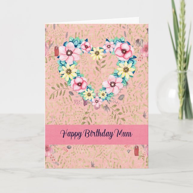 Tarjeta de cumpleaños para Mamá Corazón Floral (Anverso)