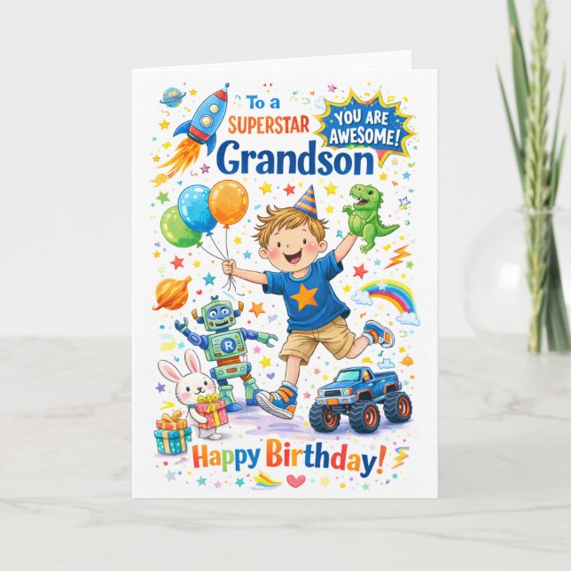 Tarjeta de cumpleaños para nieto Superestrella (Anverso)
