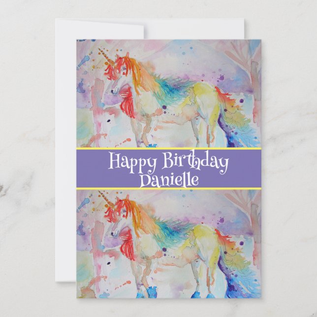 Tarjeta de cumpleaños para niñas arte de unicornio (Anverso)