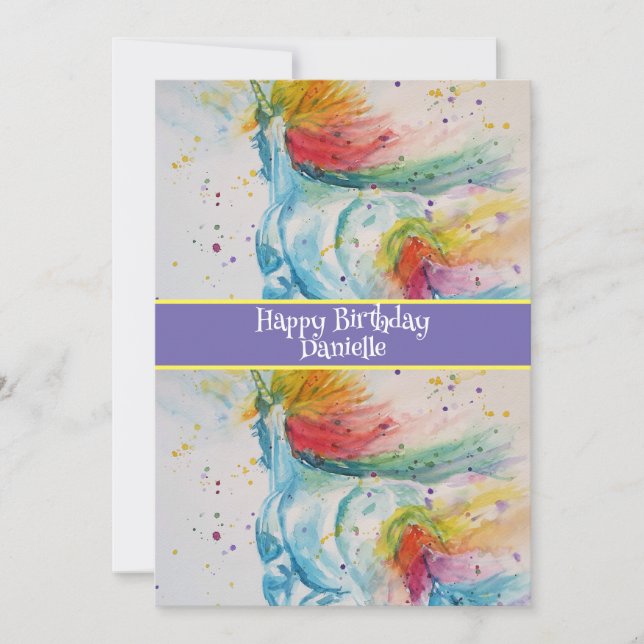 Tarjeta de cumpleaños para niñas arte de unicornio (Anverso)