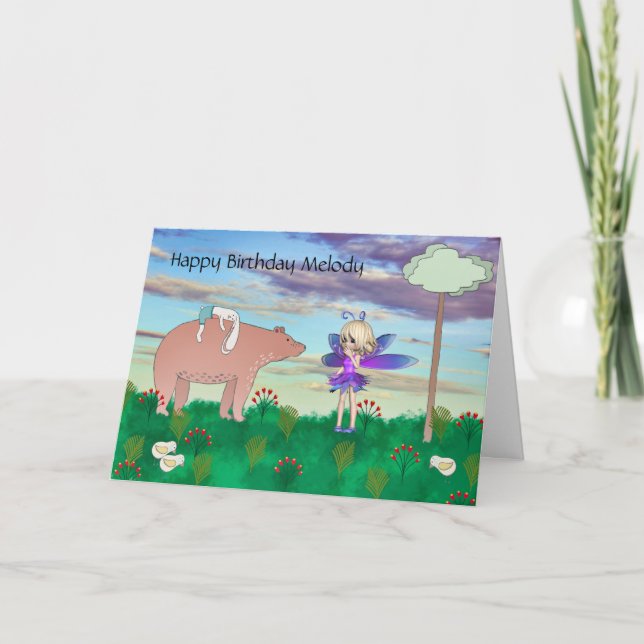 Tarjeta de cumpleaños para niño con oso y hadas (Anverso)