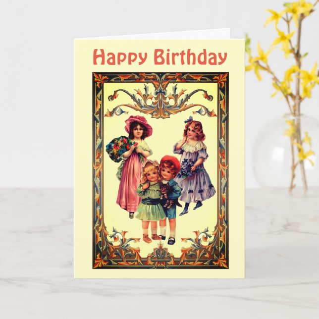 Tarjeta de cumpleaños para niños de Art Victorian  (flor amarilla)