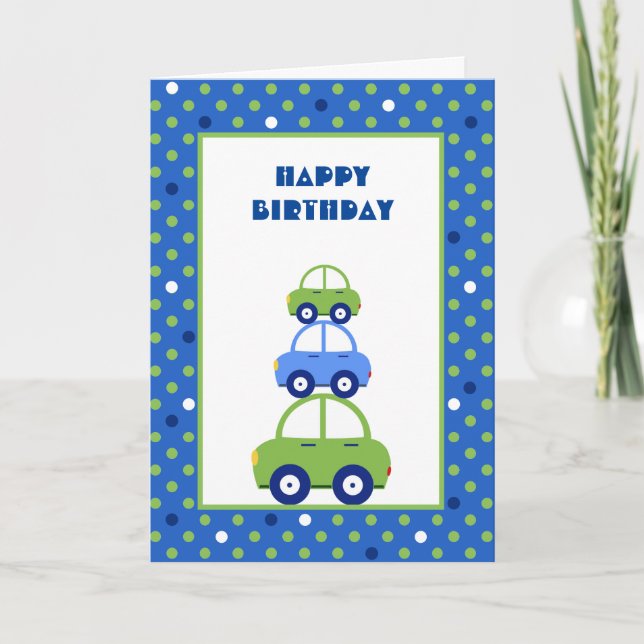 Tarjeta de cumpleaños para niños de coches verdes  (Anverso)