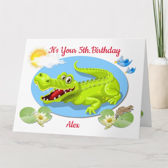Tarjeta de cumpleaños para niños de Cocodrilo sonr (Anverso)