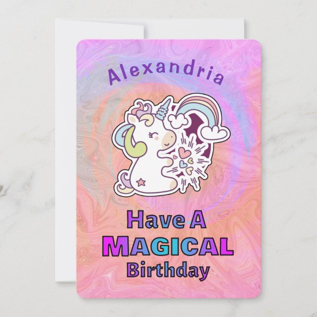 Tarjeta de cumpleaños para niños de unicornio mági (Anverso)
