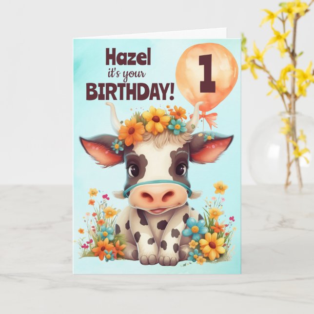 Tarjeta de cumpleaños para niños de vaca cuta (flor amarilla)