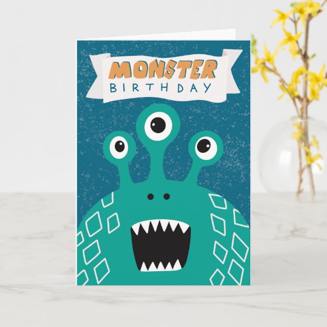 Tarjeta de cumpleaños para niños Monster (flor amarilla)