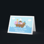 Tarjeta de cumpleaños para niños Noah's Ark<br><div class="desc">La tarjeta de cumpleaños de los niños arcos de Noé incluye un bonito grupo de animales y ballenas en un simple paisaje marino. El diseño se compone de dos elefantes: león, cerdo, jirafa, hipopótamo y paloma. La tienda ofrece invitaciones similares para el cumpleaños de diseño. Esta tarjeta de cumpleaños arca...</div>