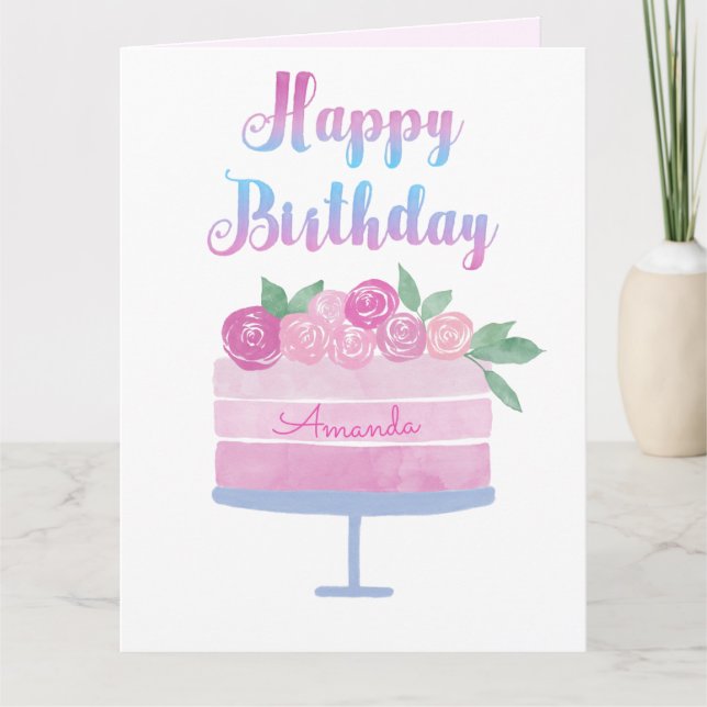 Tarjeta de cumpleaños para pasteles y rosas acuare (Anverso)