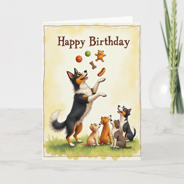Tarjeta de cumpleaños para perro haciendo malabare (Anverso)