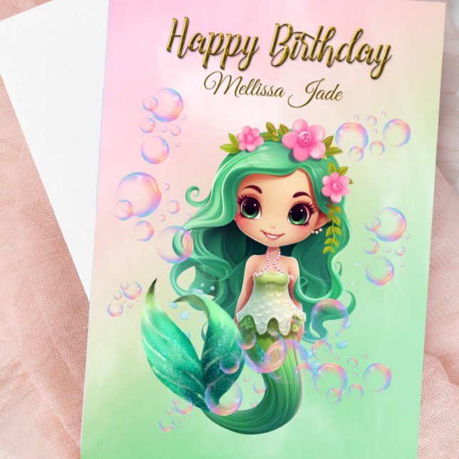 Tarjeta de cumpleaños para sirena de Chica de nomb (Mermaid Birthday Card - Personalized )