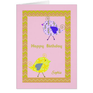 Tarjeta de cumpleaños para Sophia con aves de dise