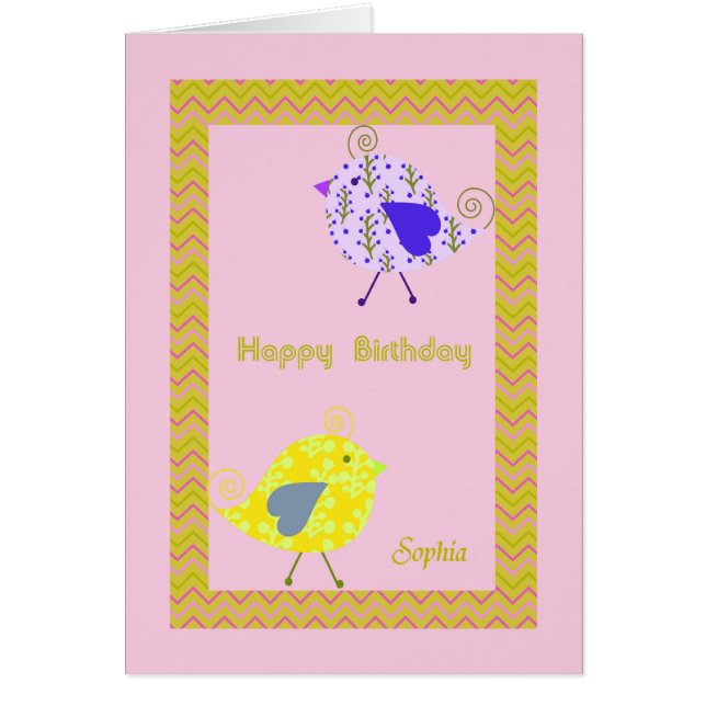 Tarjeta de cumpleaños para Sophia con aves de dise (Frente)