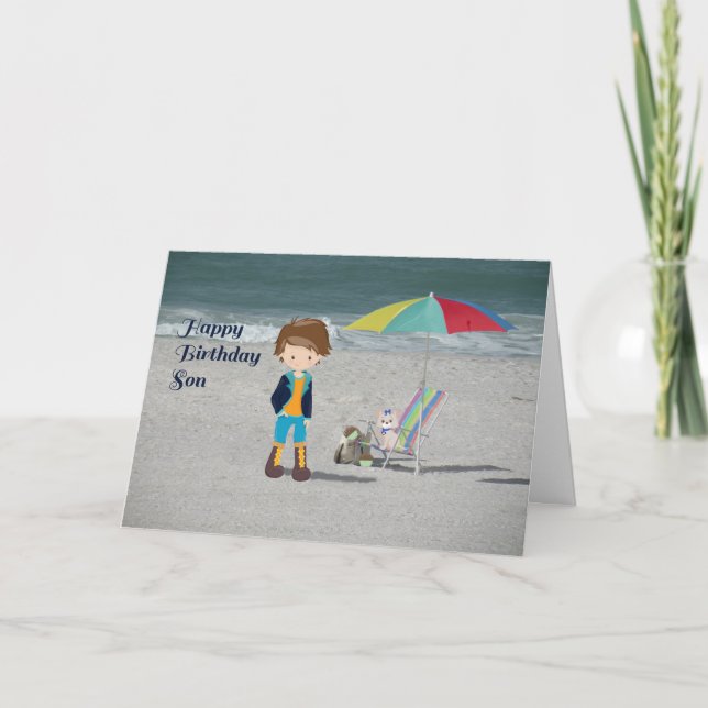Tarjeta de cumpleaños para su hijo con playa (Anverso)