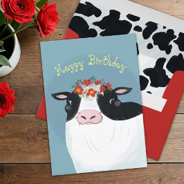 Tarjeta de cumpleaños para vacas lecheras y flores