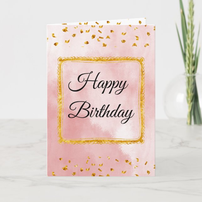 Tarjeta de cumpleaños pastel rosa con marco dorado (Anverso)