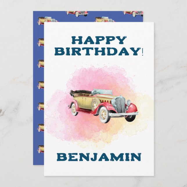 Tarjeta de cumpleaños personalizada con coche clás (Anverso / Reverso)