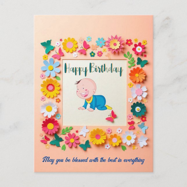 Tarjeta de cumpleaños personalizada con marco flor (Anverso)