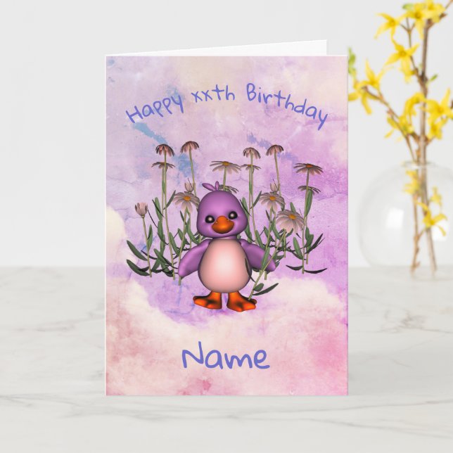 Tarjeta de cumpleaños personalizada Cute Purple Bi (flor amarilla)