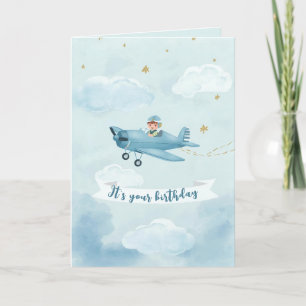 Tarjeta de cumpleaños personalizada de avión azul