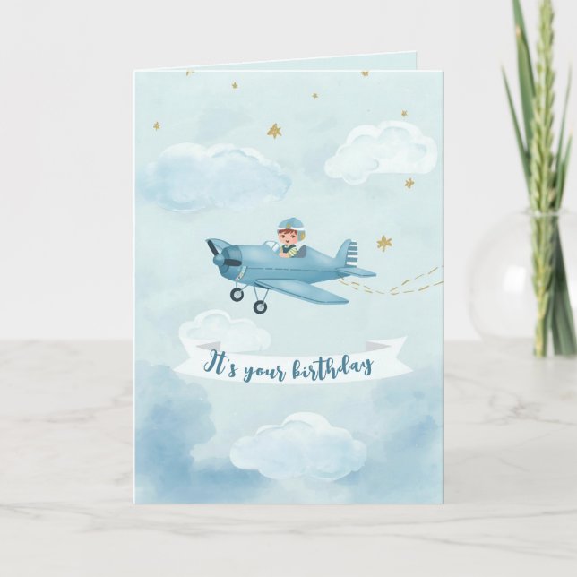Tarjeta de cumpleaños personalizada de avión azul (Anverso)