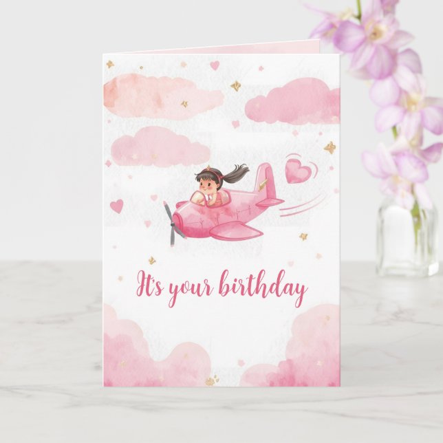Tarjeta de cumpleaños personalizada de avión rosa (Orquídea)