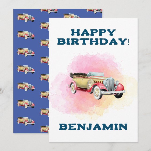 Tarjeta de cumpleaños personalizada de coche clási (Anverso / Reverso)