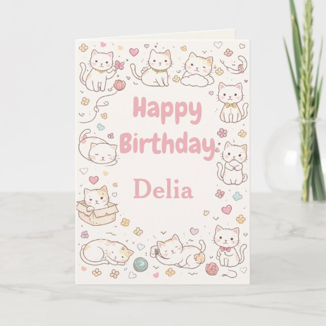Tarjeta de cumpleaños personalizada de gatitos lin (Anverso)