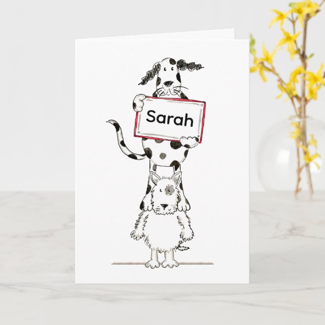 Tarjeta de cumpleaños personalizada de perros acró (flor amarilla)